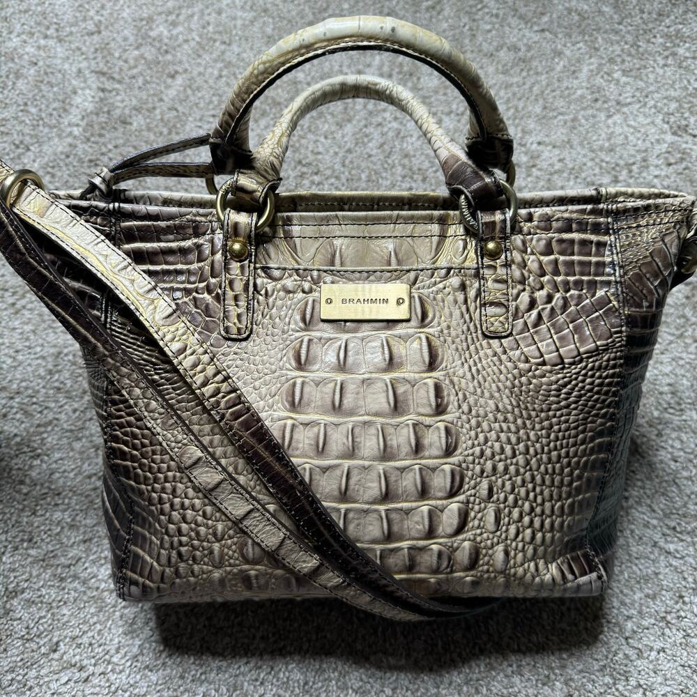 Brahmin Embossed Alligator Brown & Cream w/ Gold Tone Hardware Satchel Crossbody